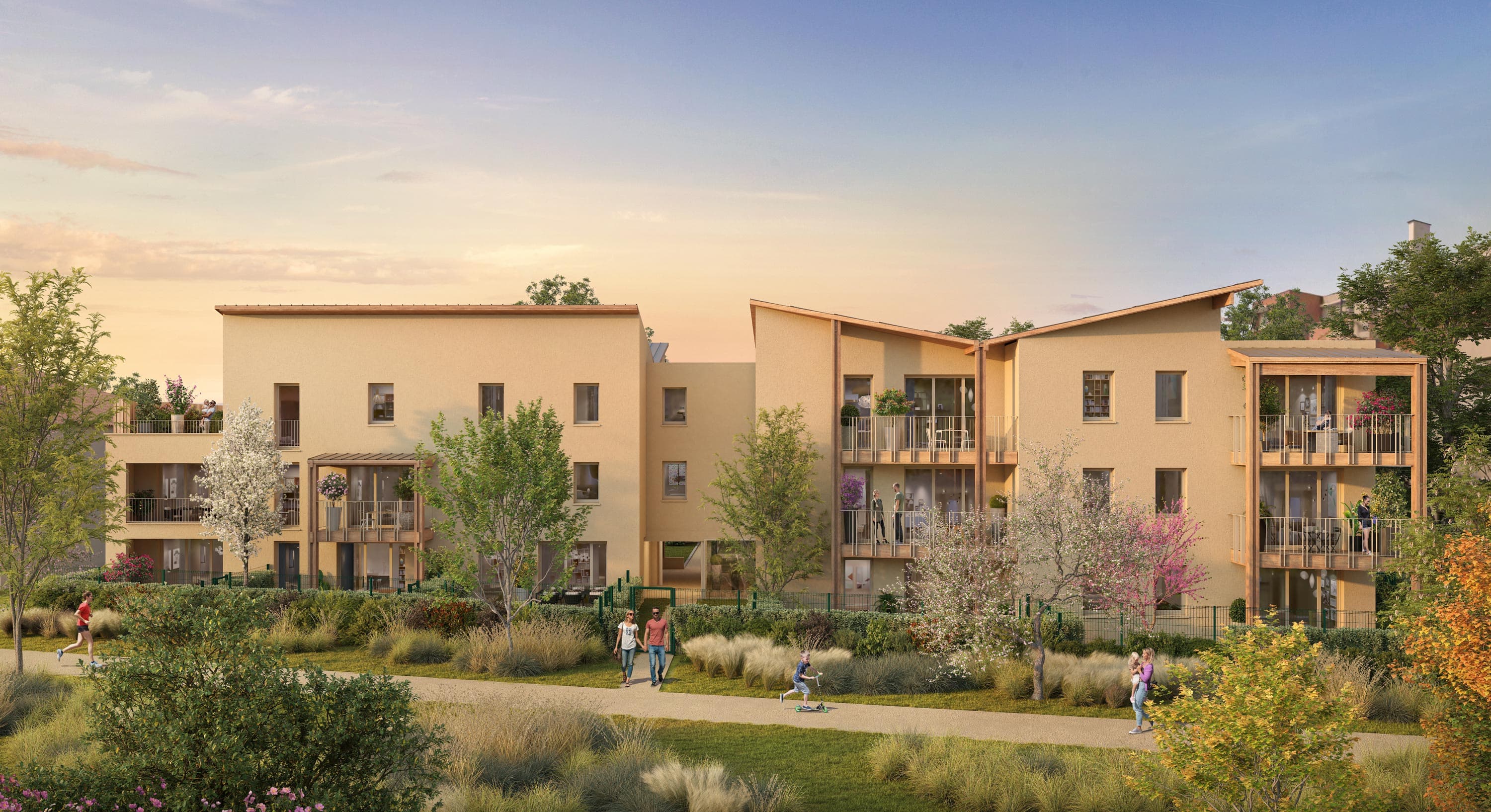 Jardin central paysagé entre les deux bâtiments de L'Archipel